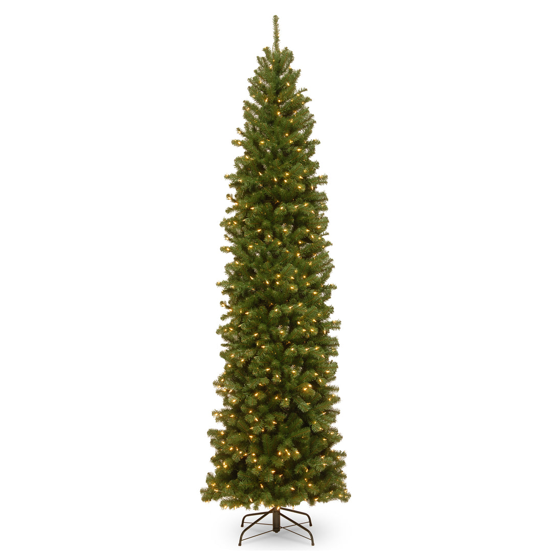 Pre-Lit Artificial Slim Christmas Tree, Green, North Valley Spruce, White Lights, Includes Stand, 9 Feet