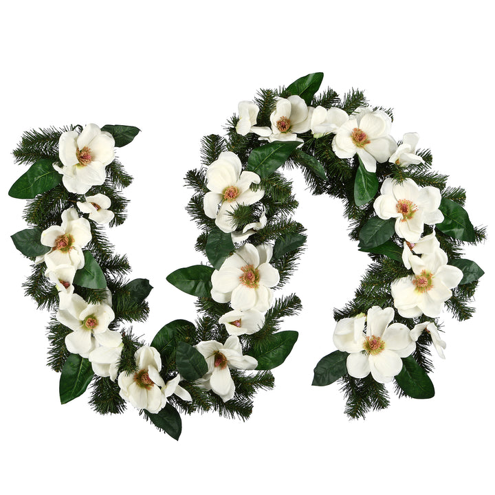 Artificial Garland North Valley Spruce, Green, Decorated with Magnolia Flower Blooms, 6 Feet