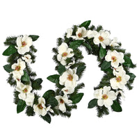 Artificial Garland North Valley Spruce, Green, Decorated with Magnolia Flower Blooms, 6 Feet - National Tree Company