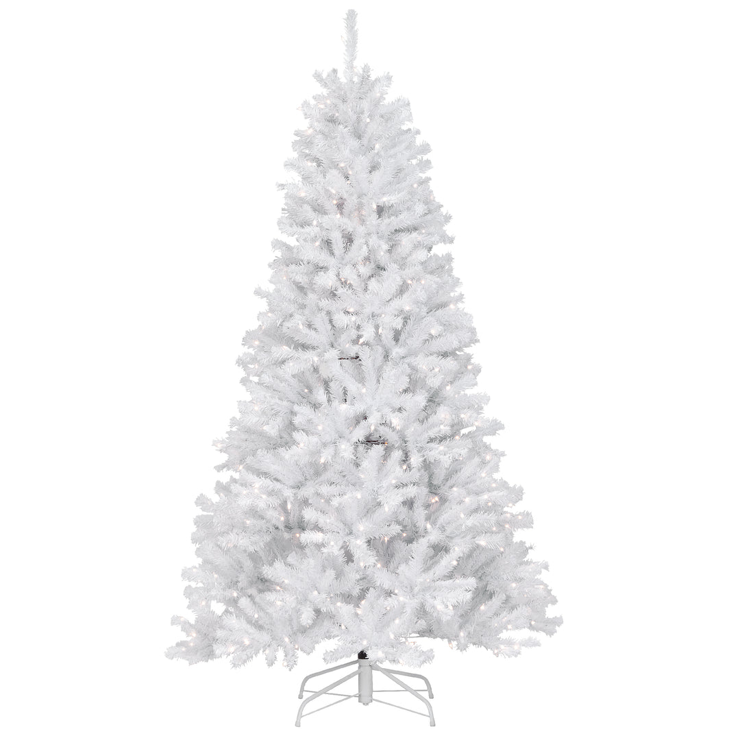 Pre-Lit Artificial Full Christmas Tree, White, North Valley Spruce, White Lights, Includes Stand, 7 Feet