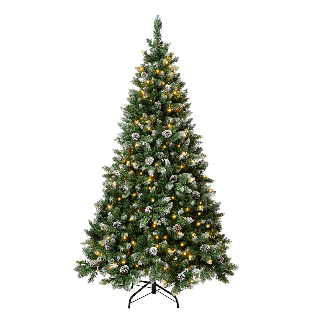 First Traditions Pre-Lit Oakley Hills Snowy Christmas Tree with Hinged Branches, Warm White LED Lights, Plug In, 6 ft