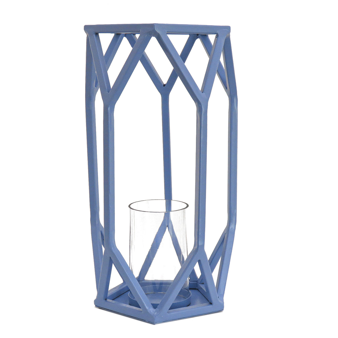 National Outdoor Living Lantern Candleholder, Ice Melt Blue, Modern Design and Finish, Includes Glass Chimney, 14 Inches