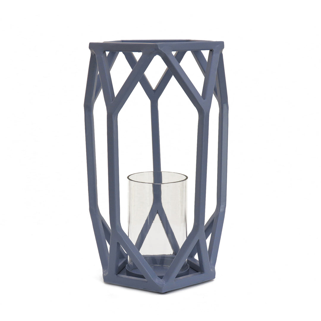 National Outdoor Living Lantern Candleholder, Dusty Blue, Modern Design and Finish, Includes Glass Chimney, 11 Inches