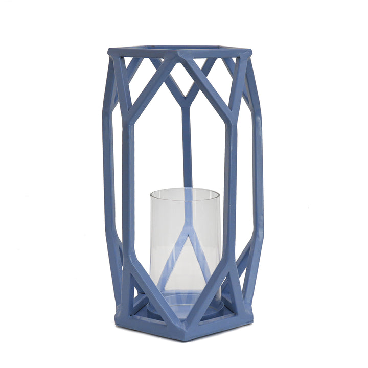 National Outdoor Living Lantern Candleholder, Ice Melt Blue, Modern Design and Finish, Includes Glass Chimney, 11 Inches