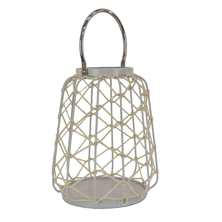 National Outdoor Living Lantern Candleholder, Woven Rope Construction, Glacier Gray, Modern Design and Finish, Includes Metal Handle, 12 Inches