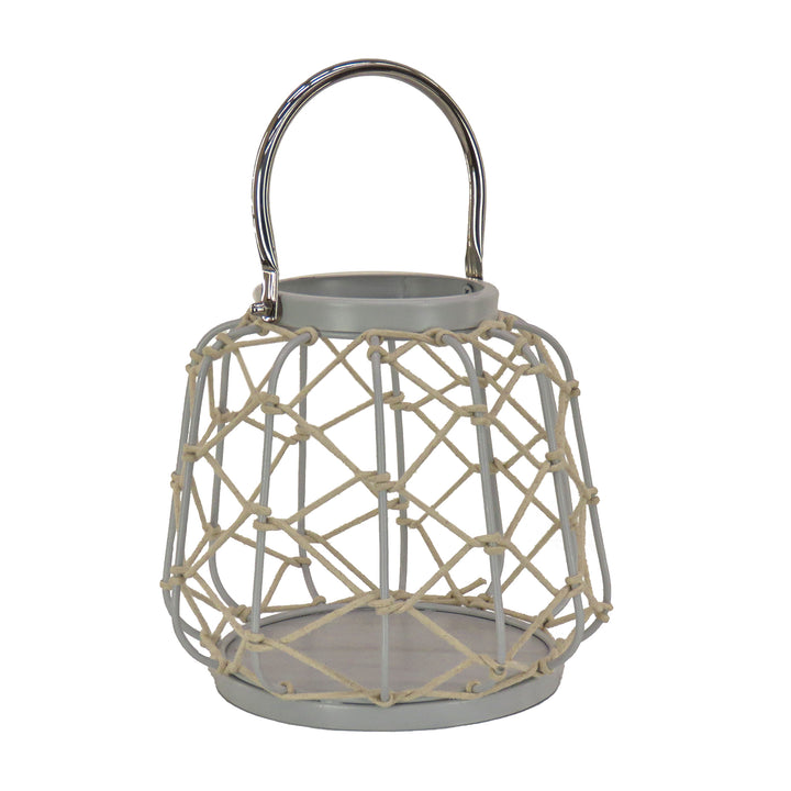 National Outdoor Living Lantern Candleholder, Woven Rope Construction, Glacier Gray, Modern Design and Finish, Includes Metal Handle, 10 Inches