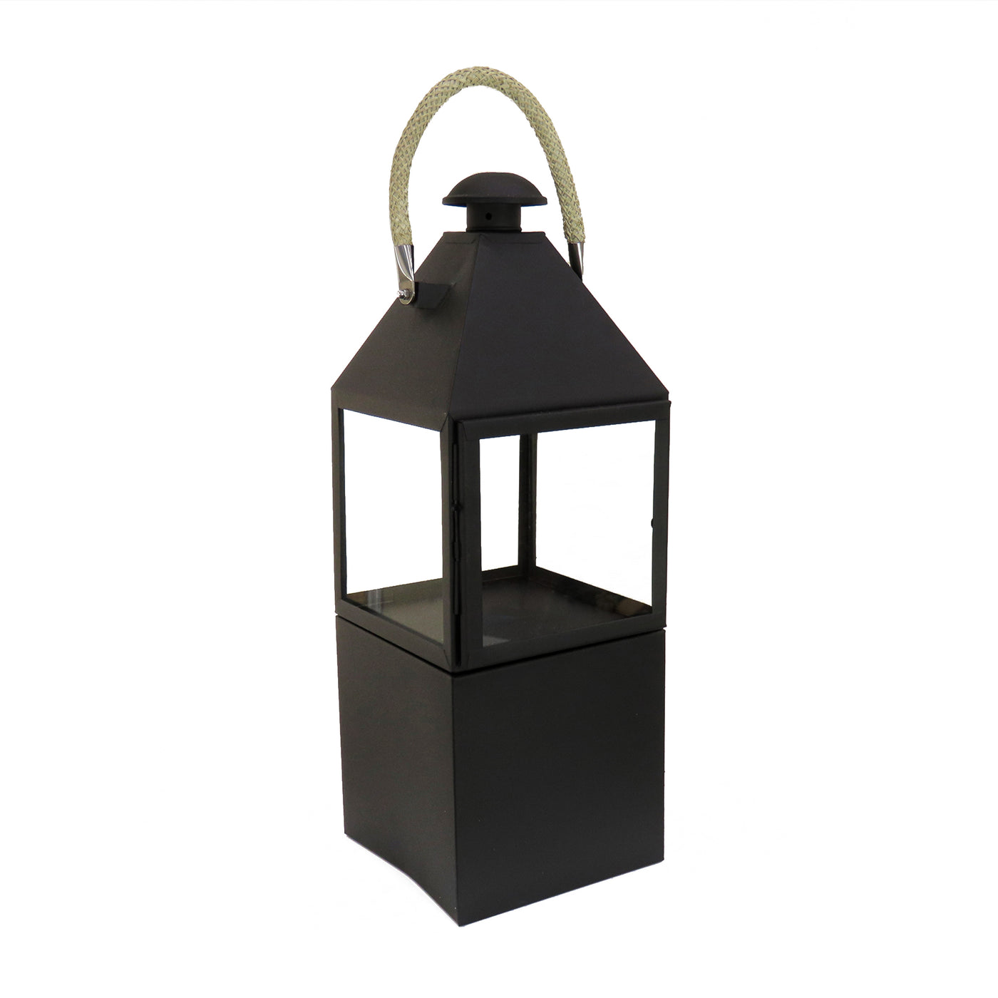 National Outdoor Living Lantern Candleholder, Enclosed Glass, Matte Black Finish, Metal, Rope Handle, 29 Inches - National Tree Company