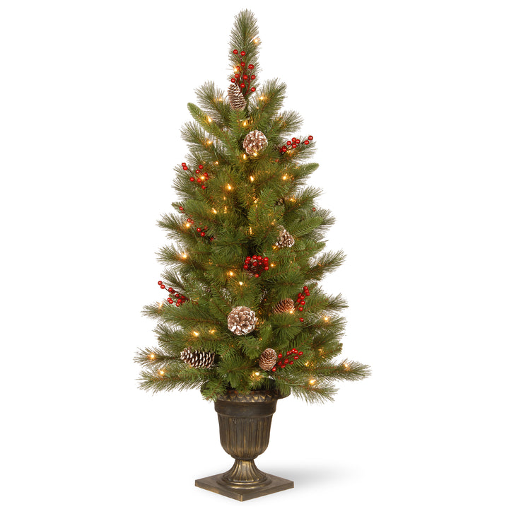 Pre-Lit Artificial Entrance Christmas Tree, Bristle Berry Pine, Green, White Lights, Decorated with Berry Clusters, Pine Cones, Includes Metal Base, 4 Feet