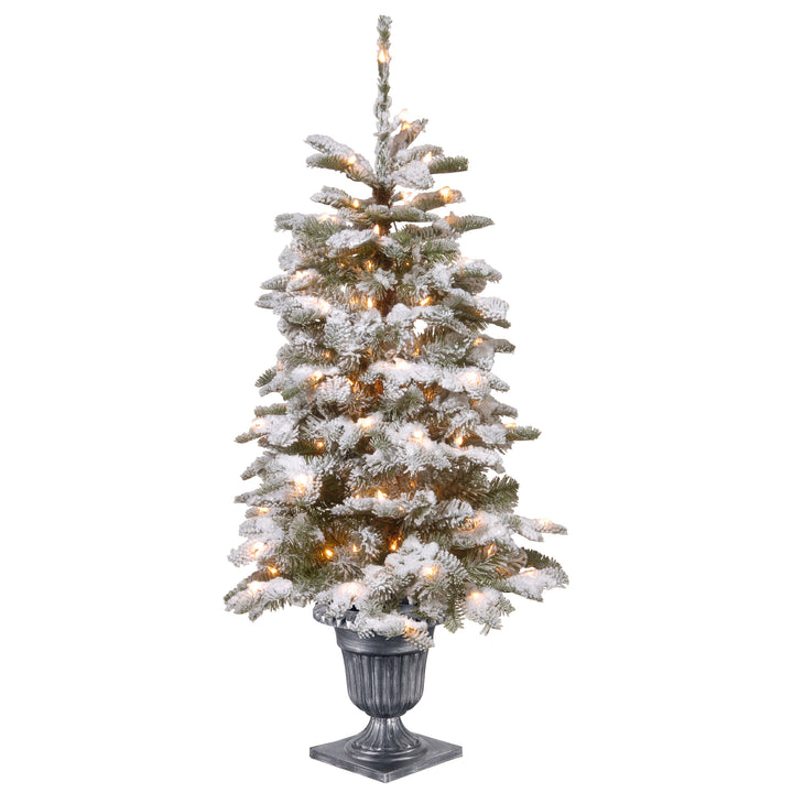 Pre-Lit Artificial Entrance Christmas Tree, Snowy Camden, Green, White Lights, Includes Metal Base, 4 Feet