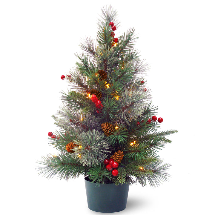 Pre-Lit Artificial Christmas Tree, Green, Colonial Fir, White LED Lights, Decorated with Berry Clusters, Pine Cones, Includes Pot Base, Battery Operated, 2 Feet
