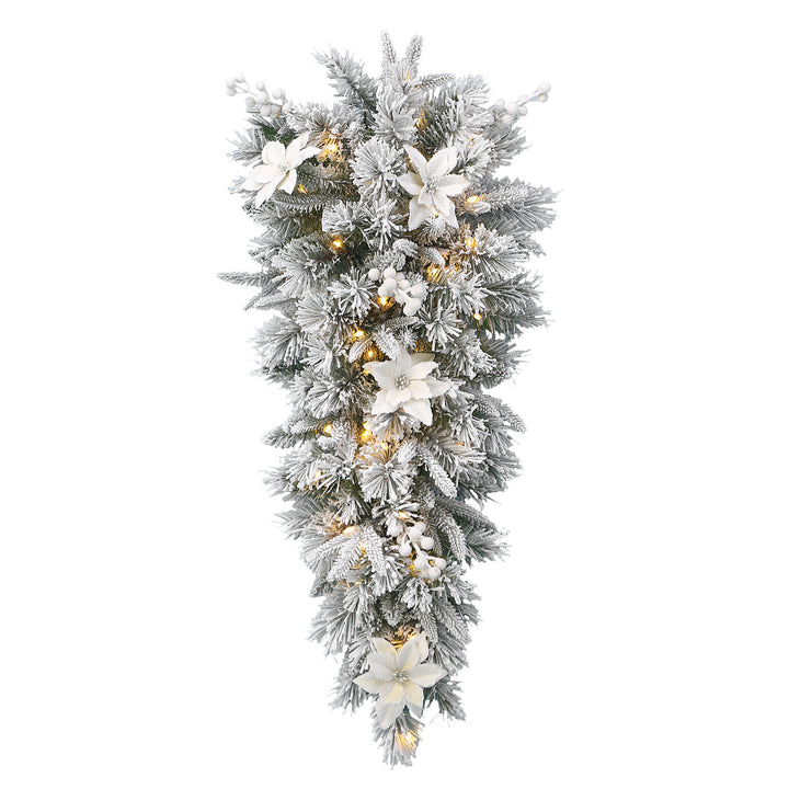 National Tree Company Pre-Lit Artificial Christmas Teardrop, Green, Colonial Fir, White Lights, Decorated with Pine Cones, Flowers, Frosted Branches, Christmas Collection, 32 Inches
