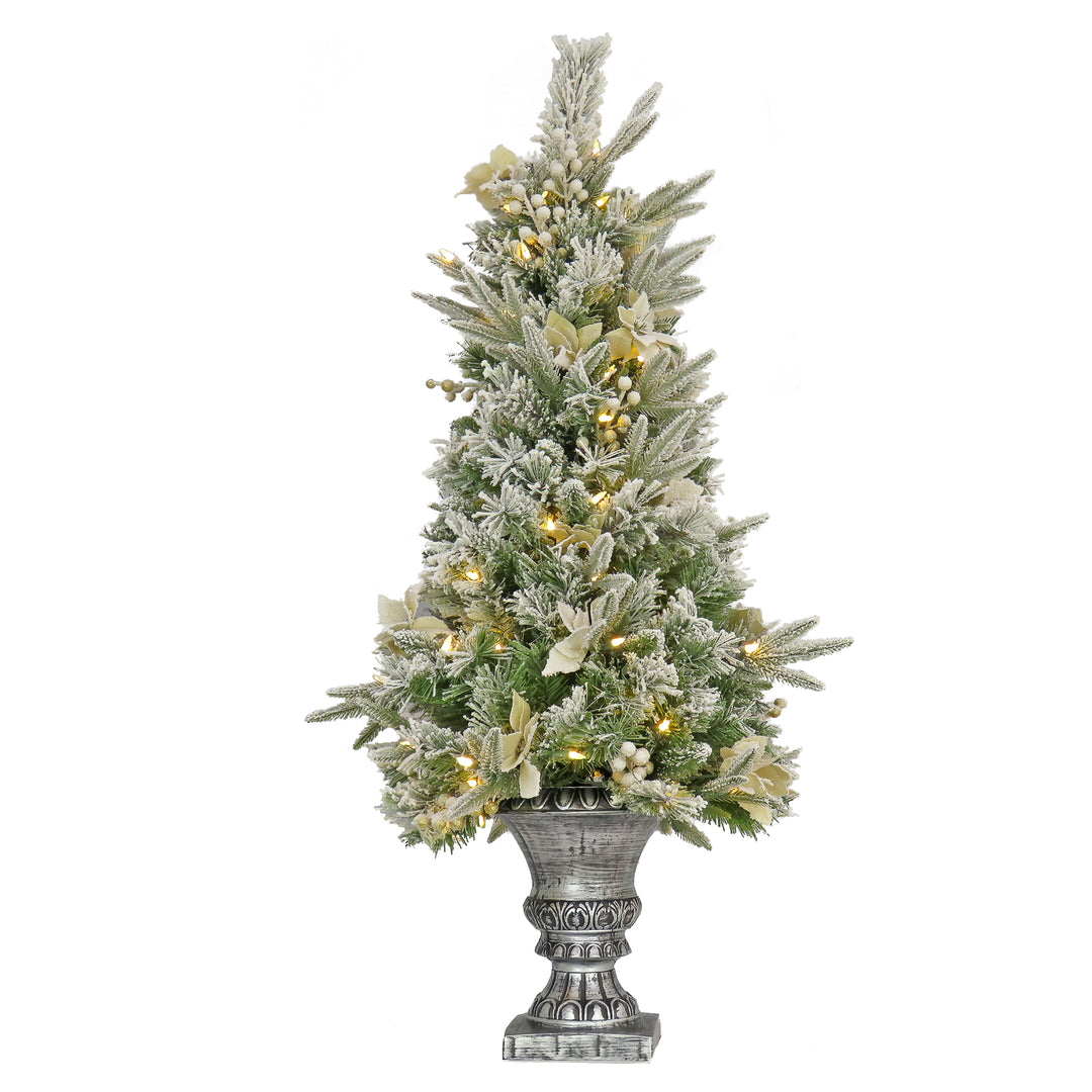 Artificial Frosted Colonial Fir Entrance Christmas Tree with Berries and Poinsettia Flowers, Pre-Lit with Warm White LED Lights, Plug In, 4 ft