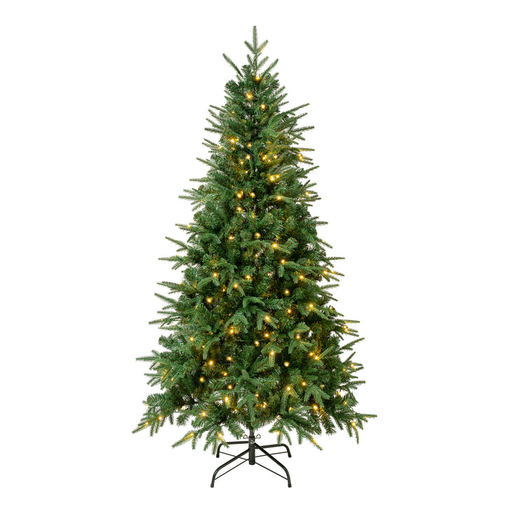 First Traditions Pre-Lit Duxbury Christmas Tree with Hinged Branches, Warm White LED Lights, Plug In, 6 ft