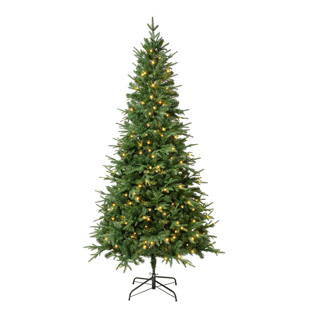 First Traditions Pre-Lit Duxbury Christmas Tree with Hinged Branches, Warm White LED Lights, Plug In, 7.5 ft