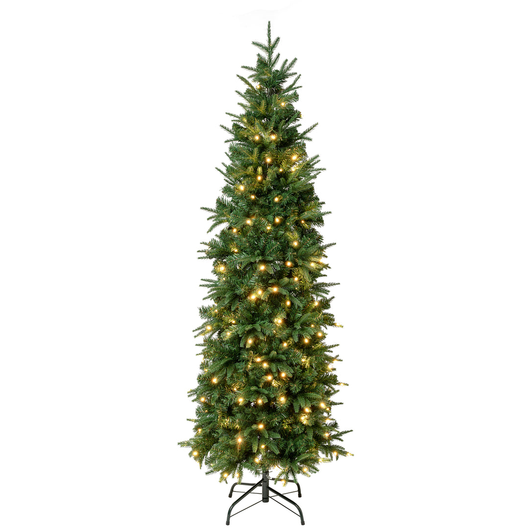 First Traditions Pre-Lit Duxbury Slim Christmas Tree with Hinged Branches, Warm White LED Lights, Plug In, 6 ft
