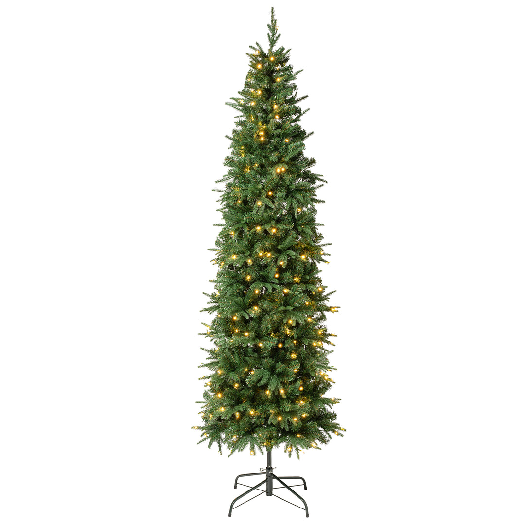 First Traditions Pre-Lit Duxbury Slim Christmas Tree with Hinged Branches, Warm White LED Lights, Plug In, 7.5 ft