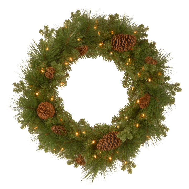 National Tree Company Pre-Lit Artificial Christmas Wreath, Green, Eastwood Spruce, White Lights, Decorated with Pine Cones, Christmas Collection, 24 Inches