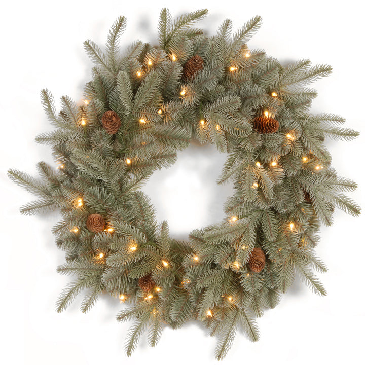 Pre-Lit Artificial 'Feel Real' Christmas Wreath, Green, Frosted Arctic Spruce, White Lights, Decorated with Pine Cones, Christmas Collection, 24 Inches