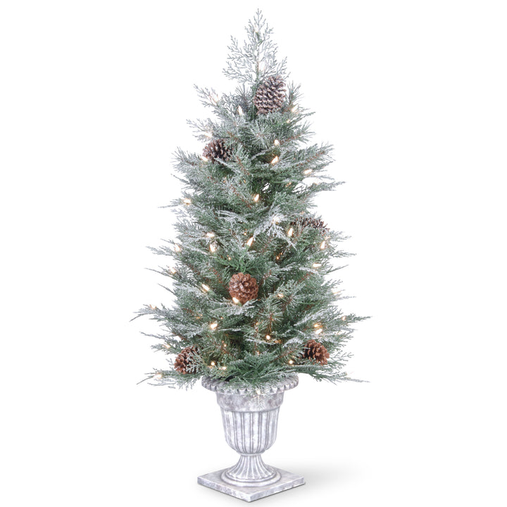 Pre-Lit Artificial Entrance Christmas Tree, Frosted Mountain Spruce, Green, White Lights, Decorated with Berry Clusters, Pine Cones, Includes Metal Base, 4 Feet