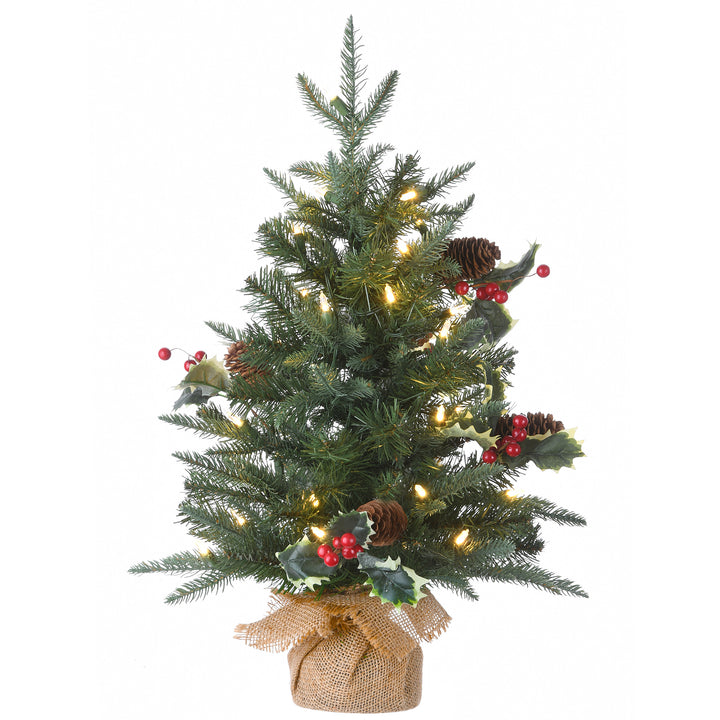Pre-Lit Artificial Christmas Tree, Happy Hill Pine, with Warm White LED Lights, Plug in, 2 ft