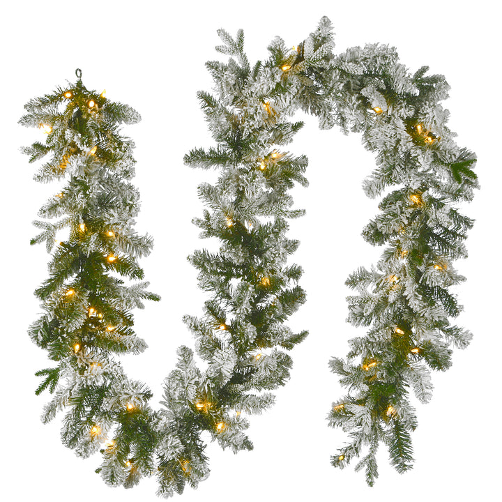 Pre-Lit Artificial Christmas Garland, Green, Snowy Green, White Lights, Decorated With Pine Cones, Frosted Branches, Battery Operated, Christmas Collection, 9 Feet
