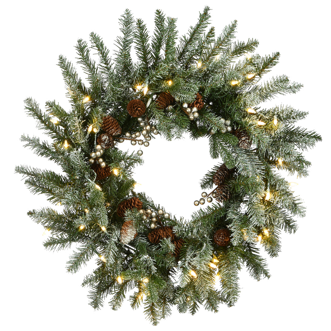 National Tree Company Pre-Lit Artificial Christmas Wreath, Green, Snowy Morgan Spruce, White LED Lights, Decorated with Pine Cones, Christmas Collection, 24 Inches