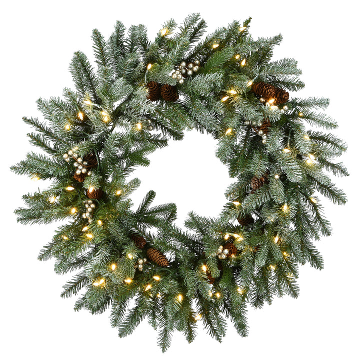 National Tree Company Pre-Lit Artificial Christmas Wreath, Green, Snowy Morgan Spruce, White Lights, Decorated with Pine Cones and Frosted Branches, Christmas Collection, 30 Inches