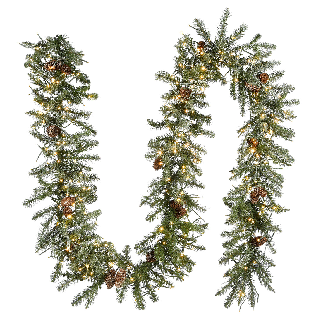 Pre-Lit Artificial Christmas Garland, Green, Morgan Spruce, White Lights, Decorated With Pine Cones, Snowy Branches, Plug In, Christmas Collection, 9 Feet