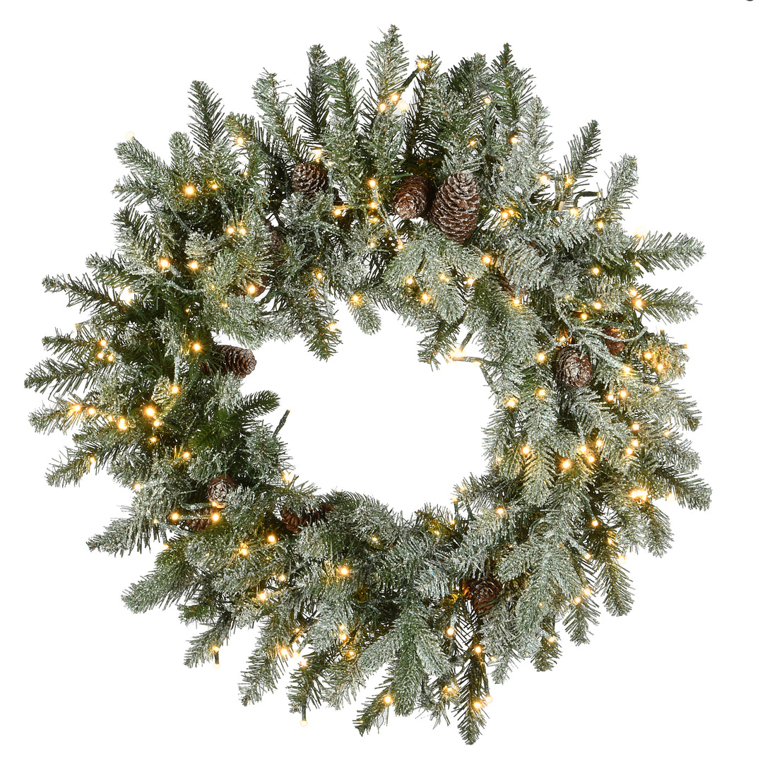 Pre-Lit Artificial Christmas Wreath, Green, Snowy Morgan Spruce, Dual Color LED Lights, Decorated with Pine Cones, Christmas Collection, 24 Inches