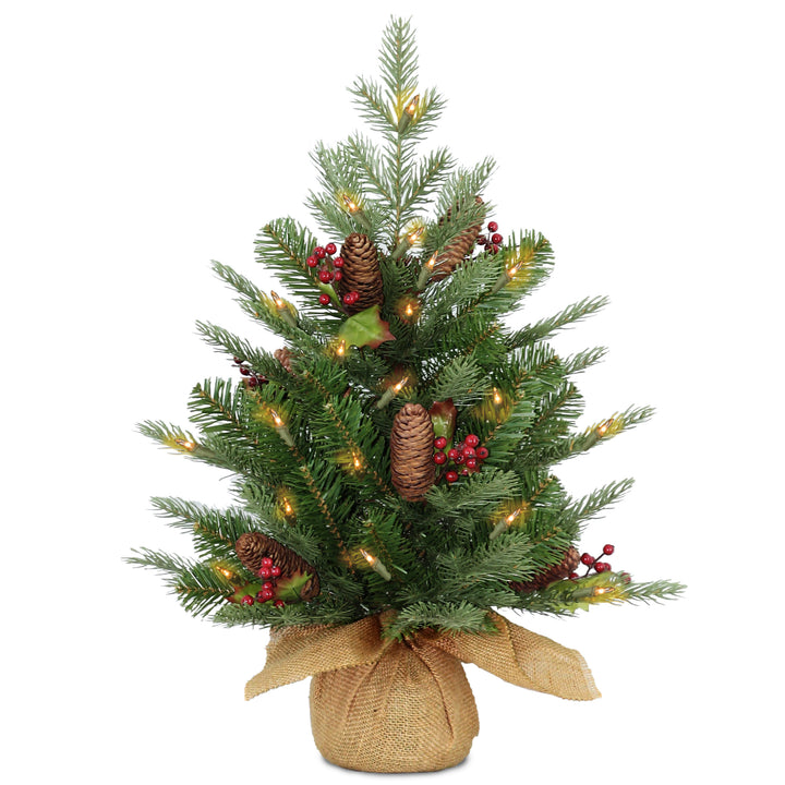 Pre-Lit 'Feel Real' Artificial Mini Christmas Tree, Green, Nordic Spruce, White Lights, Flocked with Pine Cones, Red Berries, Includes Burlap Bag Base, 3 Feet