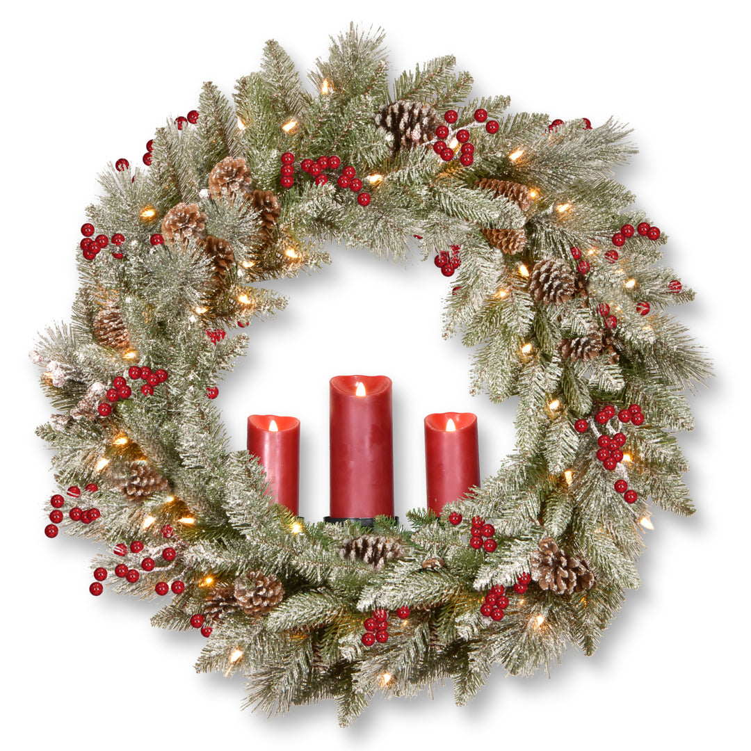 Pre-Lit Artificial 'Feel Real' Christmas Wreath, Green,  Bristle Berry Pine, White Lights, Decorated with Berry Clusters, Pine Cones, Candle Holder, Christmas Collection, 36 Inches