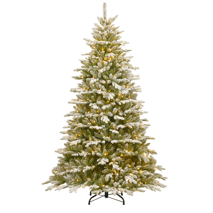 Pre-Lit 'Feel Real' Artificial Christmas Tree, Snowy Sierra Spruce, Green, White Lights, Includes Stand, 7.5 Feet