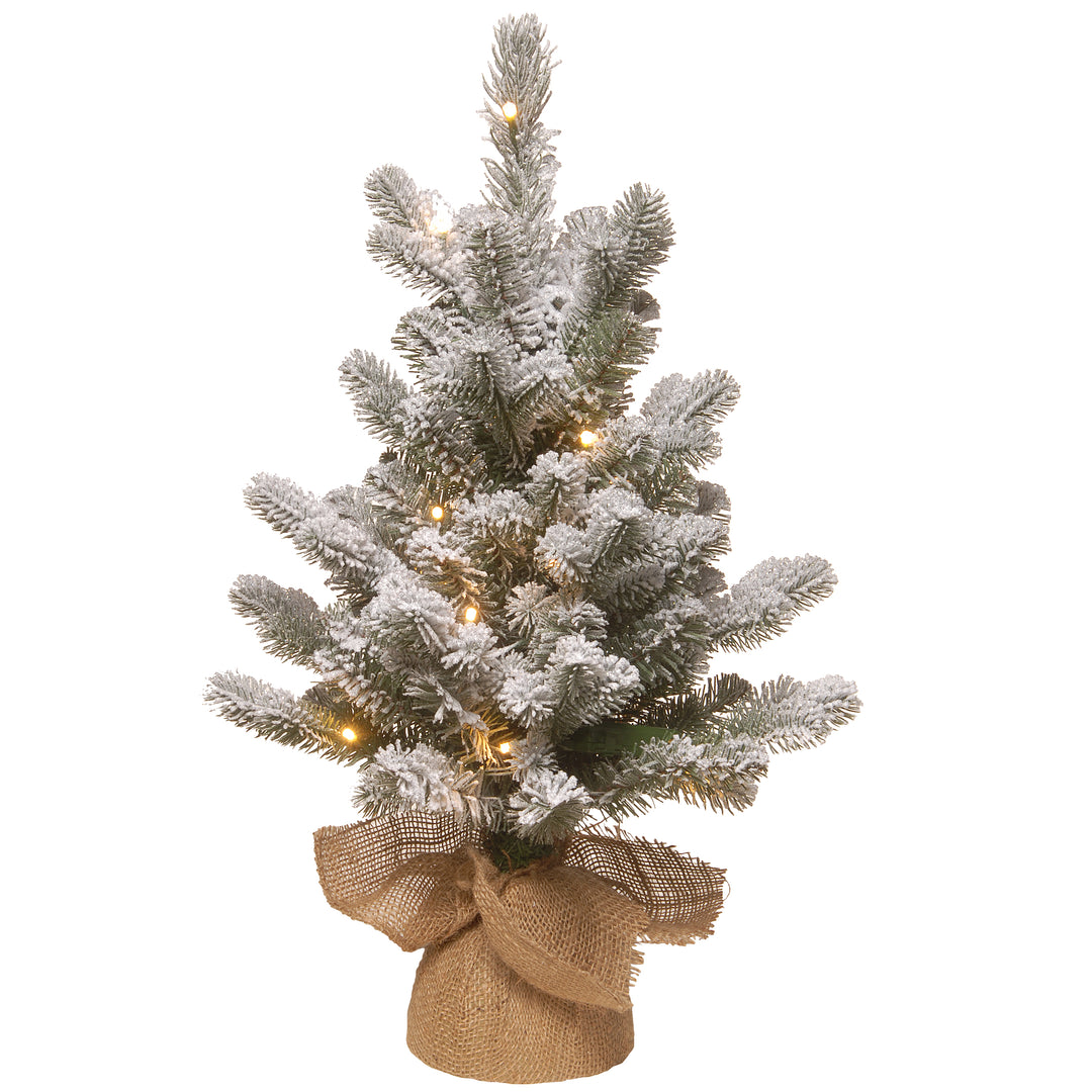 Pre-Lit Artificial Christmas Tree, Green, Snowy Sheffield Spruce, White LED Lights, Includes Cloth Bag Base, Battery Operated, 24 Inches