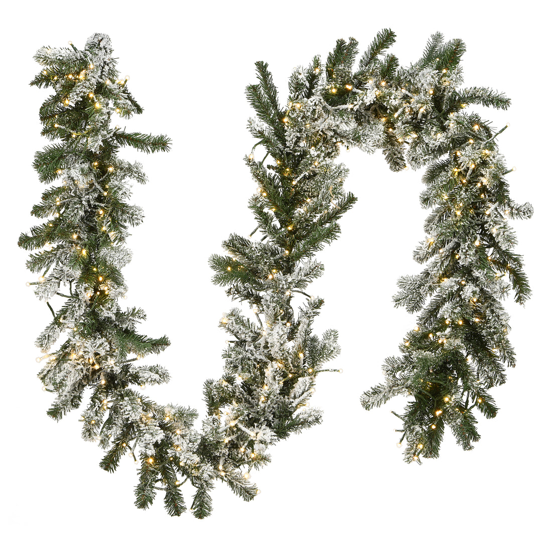 National Tree Company Pre-Lit Artificial Christmas Garland, Green, Snowy Green, White Lights, Decorated With Frosted Branches, Plug In, Christmas Collection, 9 Feet