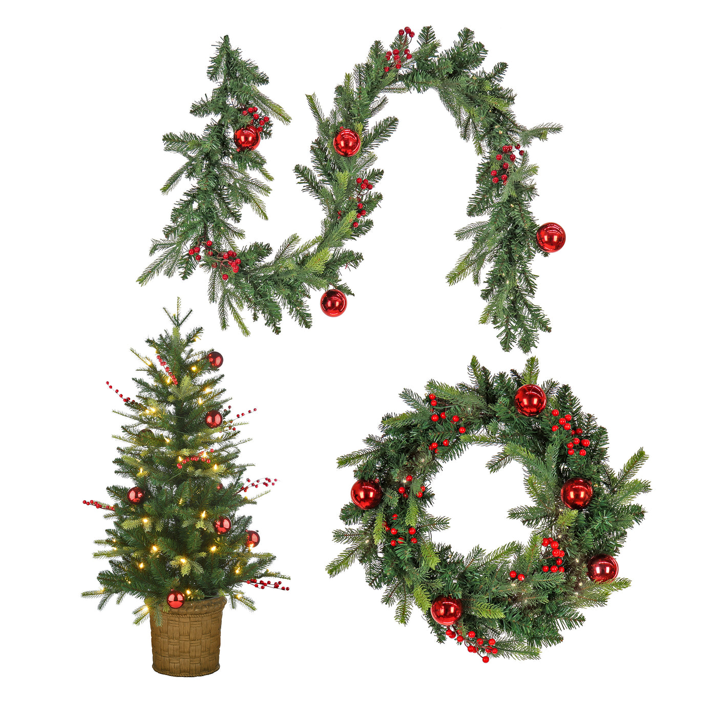 Pre-Lit Scotch Creek Fir Assortment Set of 1 Entrance Tree, 1 Wreath, 1 Garland - National Tree Company