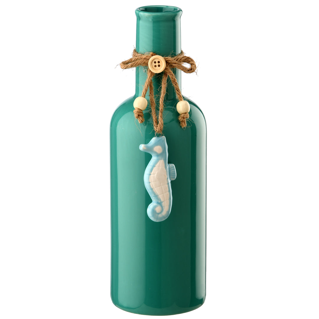 Porcelain Vase, Aqua Green, Decorated with Sea Horse, Spring Collection, 9 Inches