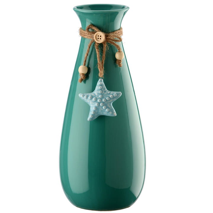 Porcelain Vase, Aqua Green, Decorated with Star Fish, Spring Collection, 10 Inches