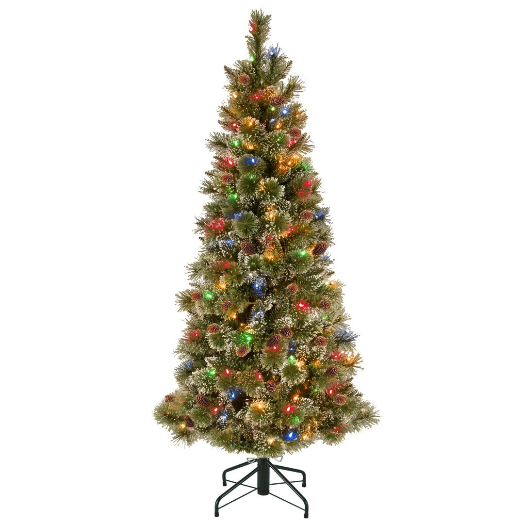 Pre-Lit Artificial Slim Christmas Tree, Glittering Pine, Green, Multicolor Lights, Decorated with Pine Cones, Ball Ornaments, Includes Stand, 5 Feet