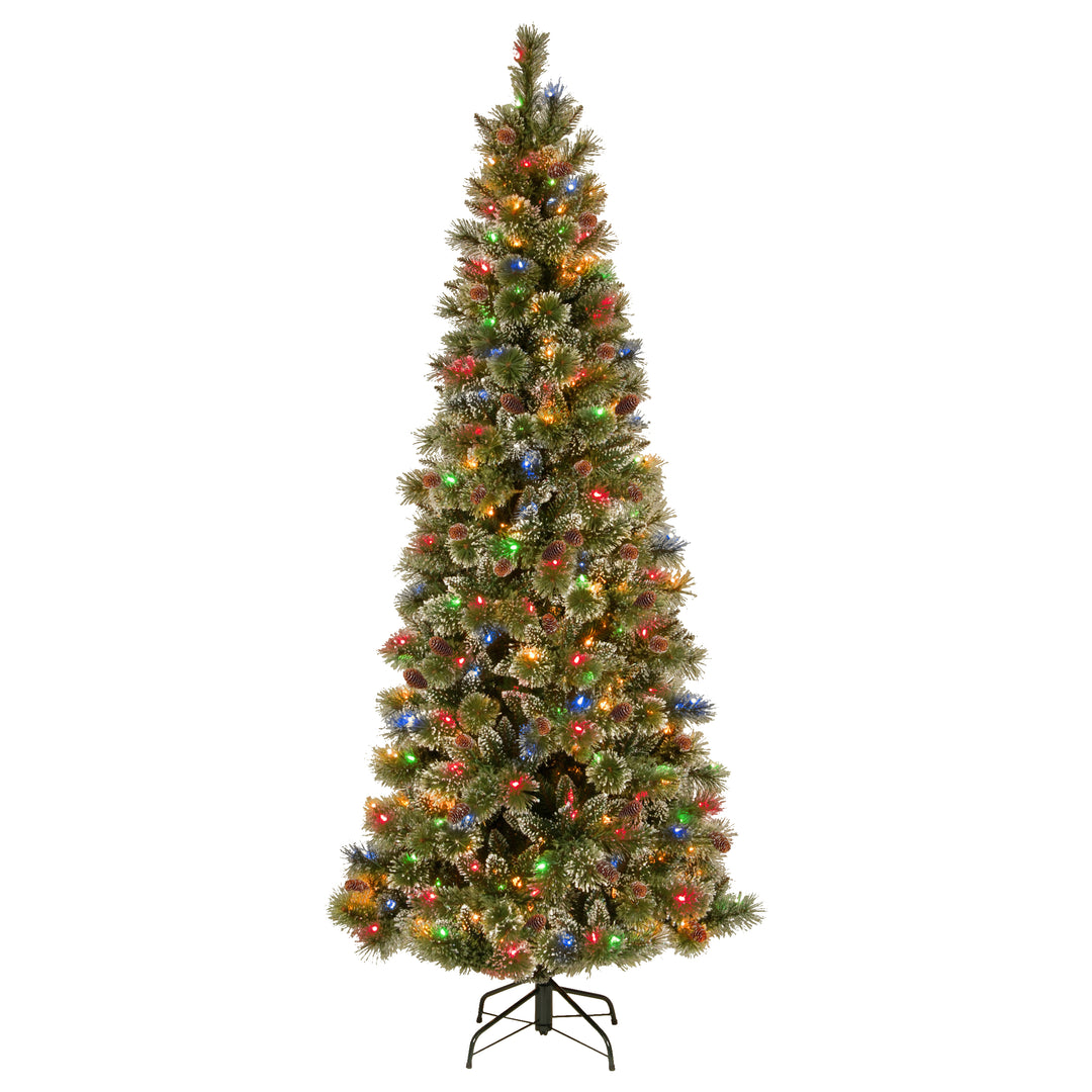 Pre-Lit Artificial Slim Christmas Tree, Glittering Pine, Green, Multicolor Lights, Decorated with Pine Cones, Ball Ornaments, Includes Stand, 7 Feet