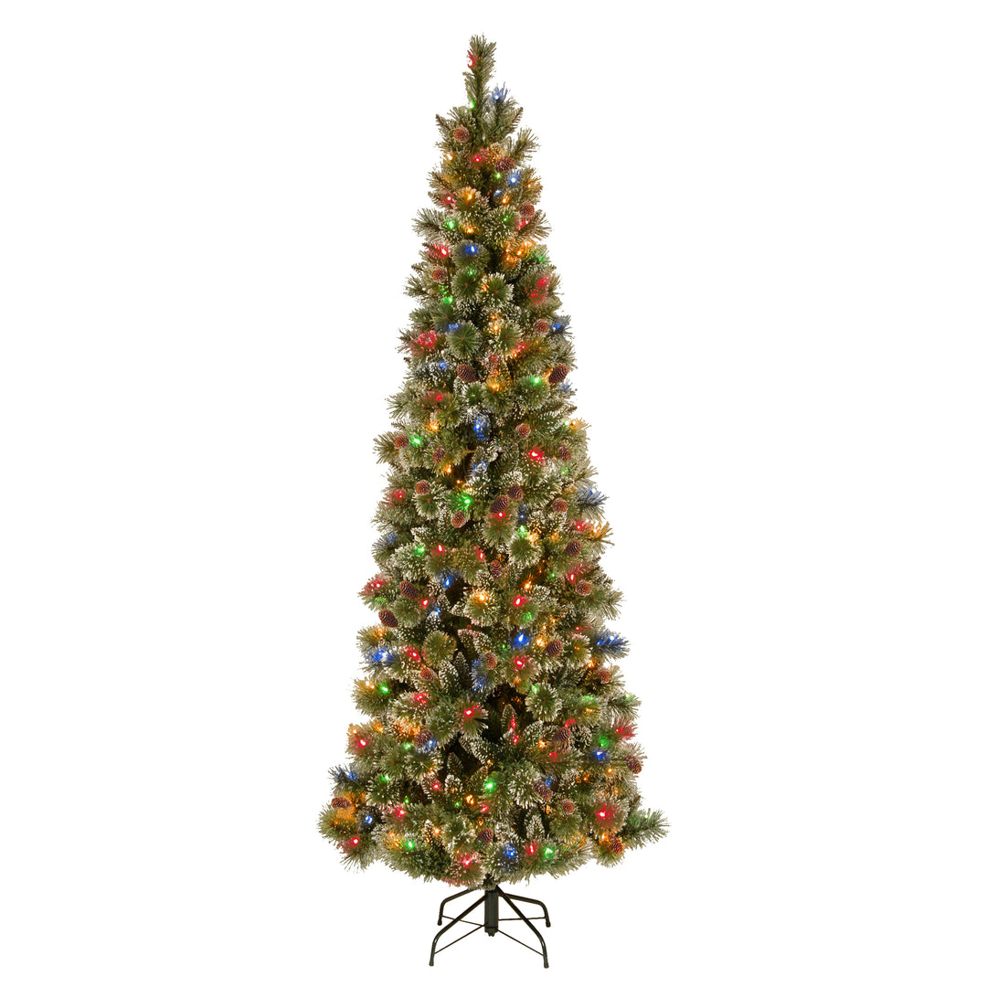 Pre-Lit Artificial Slim Christmas Tree, Glittering Pine, Green, Multicolor Lights, Power Connect,Decorated with Pine Cones, Includes Stand, 9 Feet