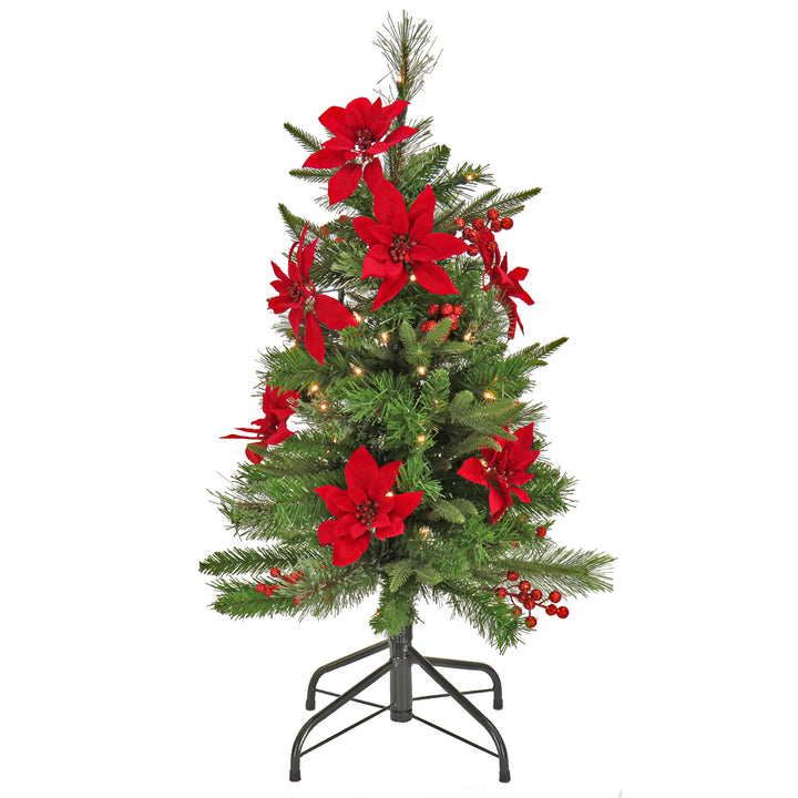 Artificial Colonial Pencil Slim Hinged Christmas Tree with Berries and Poinsettia Flowers, Pre-Lit with Clear Incandescent Lights, Plug In, 3 ft