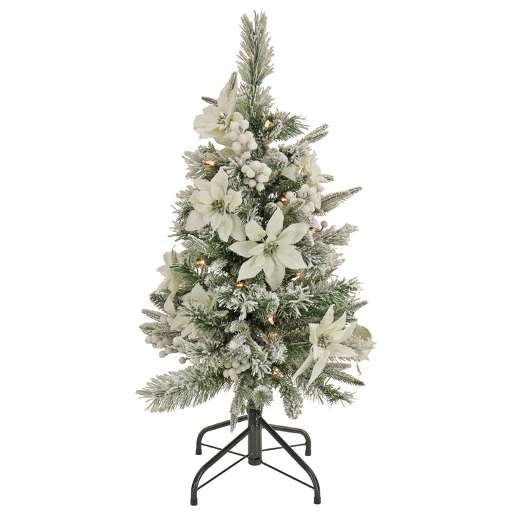 Artificial Frosted Colonial Pencil Slim Hinged Christmas Tree with Berries and Poinsettia Flowers, Pre-Lit with Clear Incandescent Lights, Plug In, 3 ft