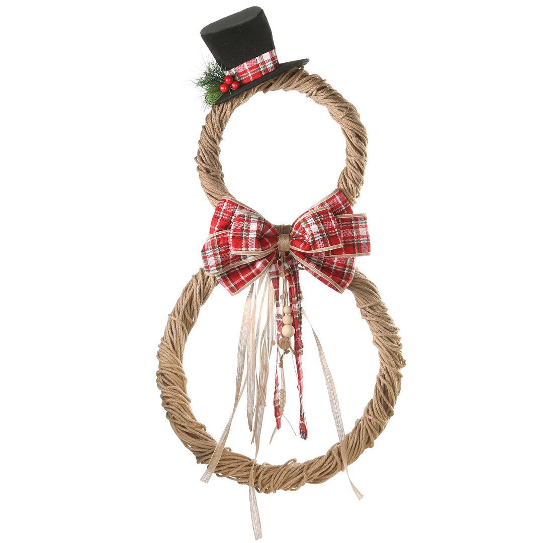 National Tree Company Jute Snowman Holiday Christmas Wall Decor, Rustic, with Red Plaid Ribbons and Beaded Cords, 18 in