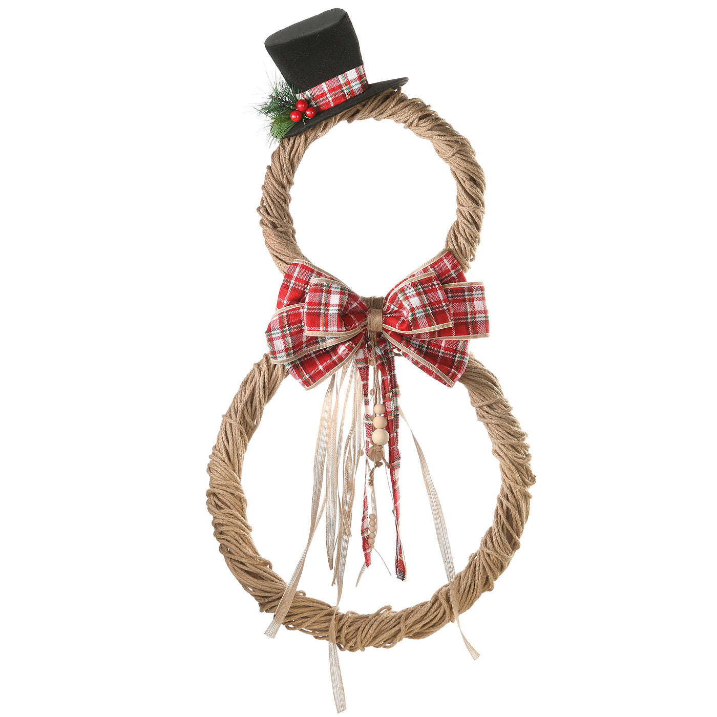 16 in. Jute Snowman Holiday Christmas Wall Decor, Rustic, with Red Plaid Ribbons and Beaded Cords - National Tree Company