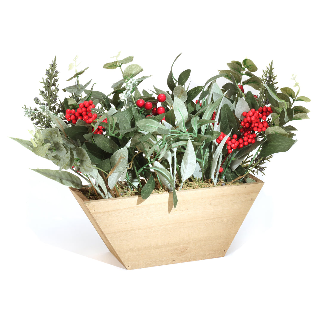National Tree Company Christmas Eucalyptus and Berry Arrangement with Wood Box Base, 22 in