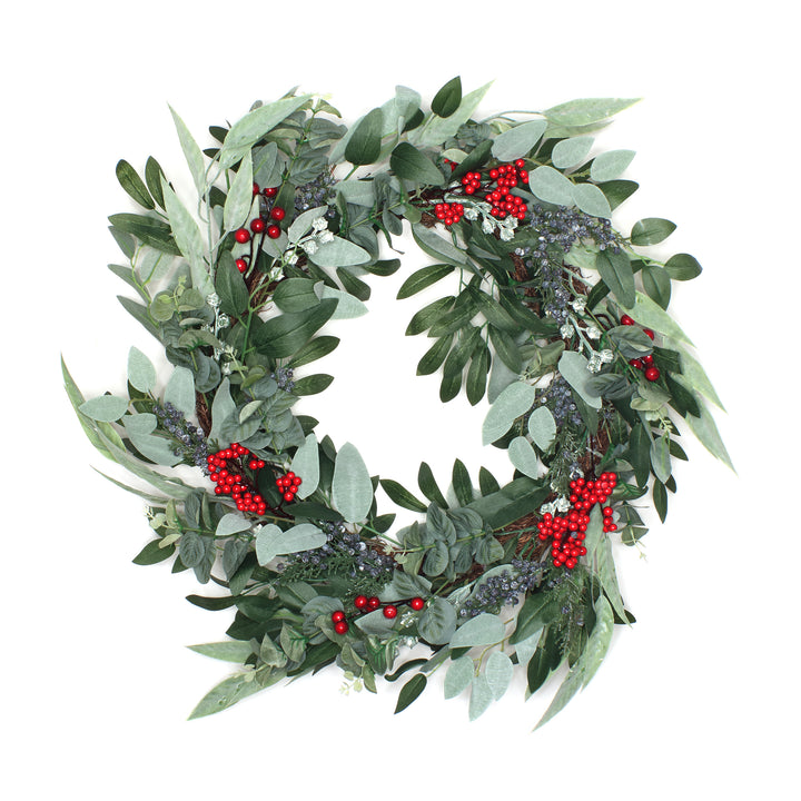 National Tree Company Artificial Christmas Leafy Eucalyptus and Berry Wreath, Decorated with Flower Buds and Berry Clusters, Rustic, 24 in