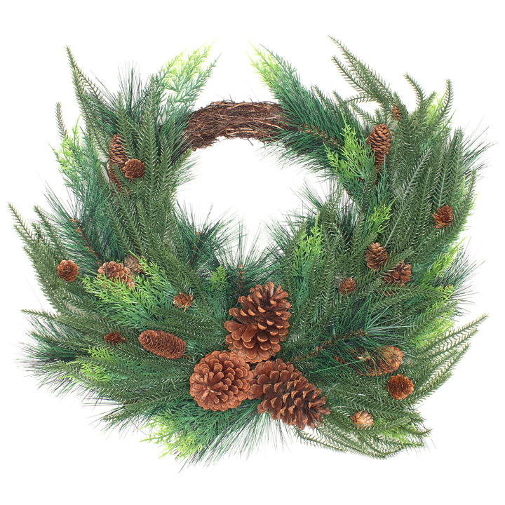 National Tree Company Artificial Mixed Bristle Branch Pine Christmas Wreath, Decorated with Woven Branch Base, Light Green Cypress Tips and Pinecones, 26 in
