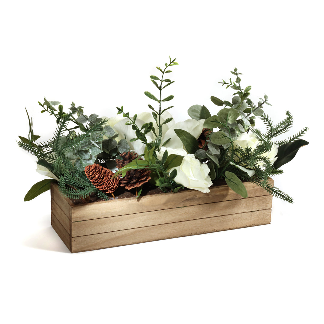 National Tree Company Mixed Greens and White Flowers Christmas Arrangement with Wood Box Base, 23 in