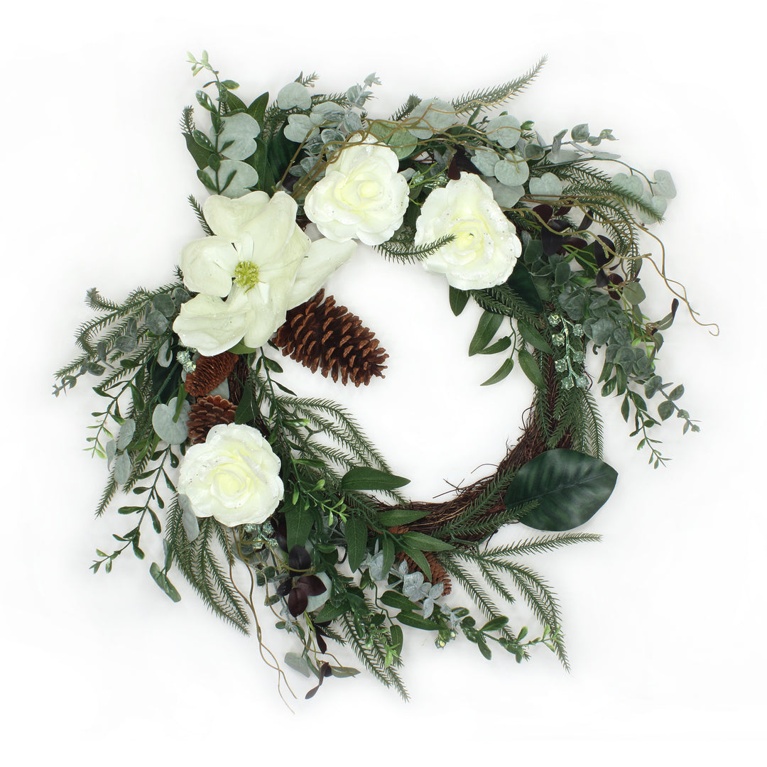 National Tree Company Artificial Mixed Greens and White Flowers Christmas Wreath, Decorated with Roses, Magnolia Flower Blooms, Pinecones, 26 in