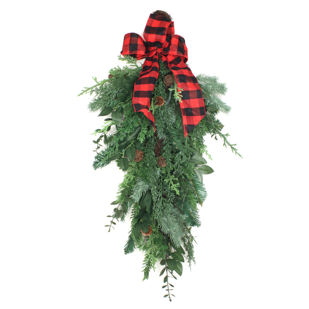 National Tree Company Mixed Pine Christmas Teardrop with Plaid Bow, Pinecones, 30 in